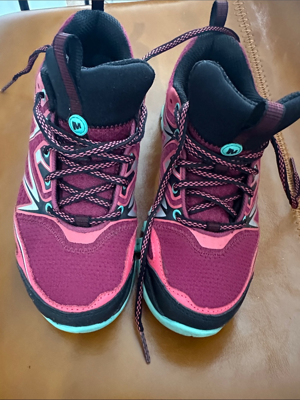 Merrell woman’s size 7 Maroon and Pink Trail Sneakers with Mint Accents